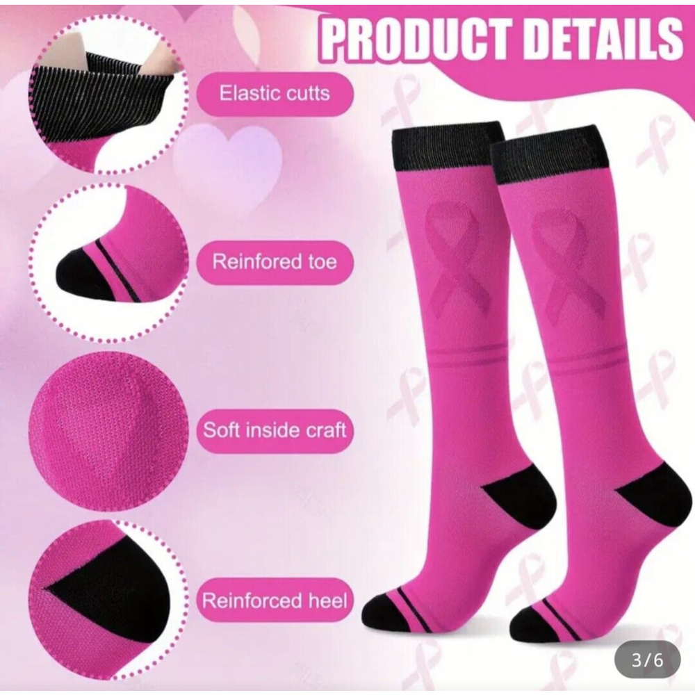 2 Pair Socks Compression Pink ribbon Cancer Awareness Knee High Athletic Socks